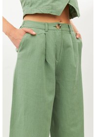 Resim Stella Pulvis Yeşil Keten Yüksek Bel Wide Leg Pantolon Haki 
