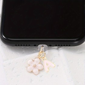 Resim 1 adet, Şık Pembe Çiçek ve Harfli Telefon Toz Tıpası, Zarif A-Z Alfabe Alaşımlı Mobil Kolye, Kadınlar için İdeal Doğum Günü Hediyesi, iPhone/Type-C Portu için Uygun 