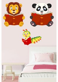 Resim Kitap Okuyan Sevimli Hayvanlar Sticker Aslan Panda ve Kırkayak Anaokulu, Çocuk ve Bebek Odası 