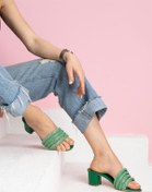 Resim ShoeTek Clio Kadın Terlik Dört Bantlı Taşlı Kalın Topuklu Yeşil Deri 