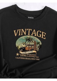 Resim Kadın Siyah Vintage Sand Waves Baskılı Oversize T-shirt 001 