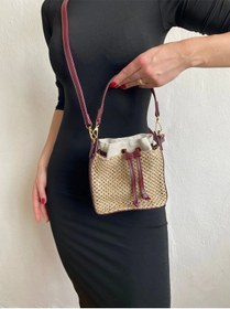 Resim Glemix Maria Hasır Bordo Büzgü Kapama Kova Model Mini Kadın Omuz Çantası Hasır Bordo 