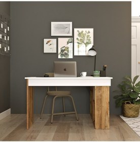 Resim Robinhome Robin Home Boston Kitaplık Raflı Çalışma Masası L Masa Ofis Çalış Beyaz 