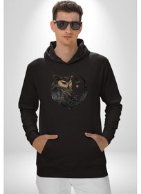 Resim Ay Yıldız Bakır Renk Baykuş Kadın Erkek Siyah Kapüşonlu Sweatshirt Hoodie Siyah 