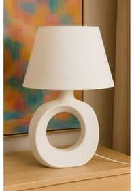 Resim Dekoratif Modern Abajur Beyaz Kumaş Başlık Dokulu Heykel Gövde Beyaz 