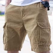 Resim Erkekler için Rahat Bol Kesim Kapak Cebi Yan Kargo Şort - Polyester, Düz Renk, Bağcıklı Detay 