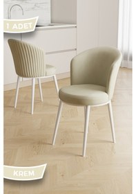 Resim Canisa Risa Serisi 1 Adet Krem Mutfak Sandalyesi Beyaz Metal Ayak 1.sınıf Babyface Kumaş Krem Sandalye Beyaz Ayak 
