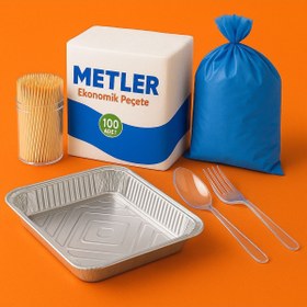 Resim Metler 6'lı Piknik Seti | Peçete Kürdan Çatal Kaşık Çöp Poşeti Alüminyum Folyo Tepsi Kamp Piknik Malzemesi 