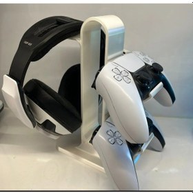 Resim Ps5 Uyumlu Kulaklık Ve Çift Kol Standı - 3d Baskı Oyuncu Masası Düzenleyici Gamepad Standı 