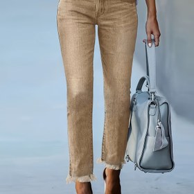 Resim Kadınlar İçin Casual Skinny Jean - %75 Pamuk, %23 Polyester, %2 Spandex Karışımı, Düz Renk, Orta Gerilimli Dikiş Detayı ile Ham Kenar, Tüm Mevsim Konforlu Uygunluk 
