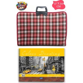 Resim Glanart 35X50 cm Resim Çantası + 35X50 Resim Defteri (Askılı - Fermuarlı) Ekoseli Desen 