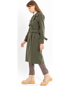 Resim Pastelastore %100 Pamuk Gabardin Uzun 110cm Astarlı Kemerli Kadın Trençkot 1111 Haki 