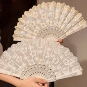 Resim 1 adet Vintage Çin Katlanır El Yelpazesi Püskülleri ile - Zarif Çiçek Deseni, Pembe ve Beyaz Kiraz Çiçeği Desenli, Ahşap Saplı, Düğünler, Doğum Günleri ve Seyahat Aksesuarları için Mükemmel 