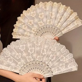Resim 1 adet Vintage Çin Katlanır El Yelpazesi Püskülleri ile - Zarif Çiçek Deseni, Pembe ve Beyaz Kiraz Çiçeği Desenli, Ahşap Saplı, Düğünler, Doğum Günleri ve Seyahat Aksesuarları için Mükemmel 