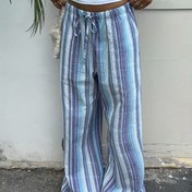 Resim Kadınların Yüksek Bel Geniş Bacaklı Pantolonları, Bağcıklı Bel - Açık Mavi ve Beyaz Dikey Çizgiler, Bol Kesim, Rahat İlkbahar/Yaz Pantolonları, Yüksek Bel Tayt Pantolonları 