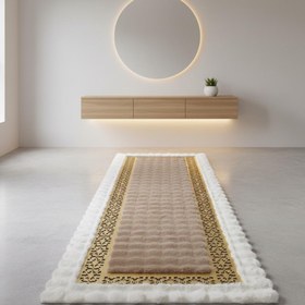 Resim Beyaz Zeminli Açık Kahverengi Camel Merkezli Peluş Halı – Yumuşak Dokulu, Şık ve Dekoratif Halı - 100x400 cm 