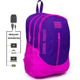 Resim Coral High Sport Mor Dört Bölmeli Usb Şarjlı Kulaklık Çıkışlı Sırt Çantası 