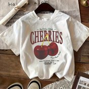 Resim Kadınların Y2K Cherry Print T-Shirt'i - Rahat Crew Neck, Kısa Kollu, Kırmızı ve Yeşil Grafik Tasarımıyla Tüm Mevsimler İçin Rahat Fit 