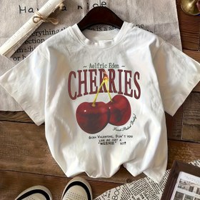 Resim Kadınların Y2K Cherry Print T-Shirt'i - Rahat Crew Neck, Kısa Kollu, Kırmızı ve Yeşil Grafik Tasarımıyla Tüm Mevsimler İçin Rahat Fit 