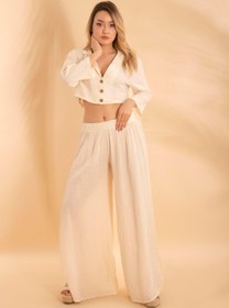 Resim Bonitas Beachwear Müslin Düğmeli Crop Krem Bnts-23028 