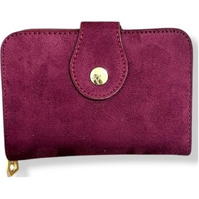 Resim Me-vo Kadın Süet Mini Cüzdan, Fermuarlı, Bordo, 8 Kartlık, Metal Düğmeli Bordo 