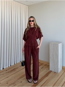 Resim Laluvia Bordo Yarasa Kol Belden Oturtma Bluz Salaş Pantolon Takım - 650008 