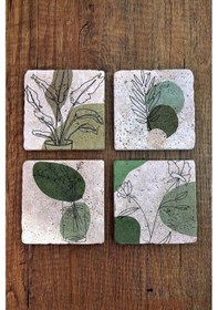 Resim Doğal Taş Bardak Altlığı 4'lü Set - Yeşil Modern Desenler Baskılı Stone Coasters Çok Renkli 