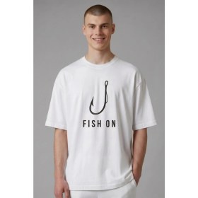 Resim Etifa Tekstil Etifa Oversize Balıkçı Tişörtü Fish On %100 Pamuk Premium Beyaz Unisex 