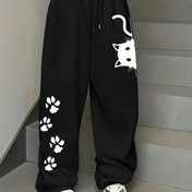 Resim Kedi Pati Desenli Rahat Düz Bacaklı Kadın Jogger Pantolonları - Hafif Mor, Elastik Bağcıklı Bel, Bahar/Sonbahar için Şık ve Rahat 