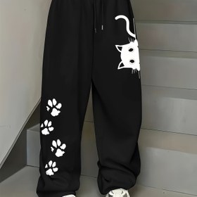 Resim Kedi Pati Desenli Rahat Düz Bacaklı Kadın Jogger Pantolonları - Hafif Mor, Elastik Bağcıklı Bel, Bahar/Sonbahar için Şık ve Rahat 