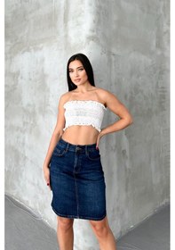 Resim HLT Jeans Koyu Mavi Kadın Regular Fit Yüksek Bel Orta Boy Denim Kot Etek Alice-4006 Koyu Mavi 