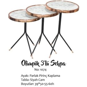 Resim Bengi Brc Olimpik Zigon Sehpa 1074 Beyaz Mermer Desenli Parlak Pirinç Kaplama El Yapım 