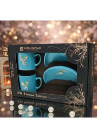 Resim Dal Çiçek Kahve Fincanı 2li Set Türk Kahvesi Fincan Takımı Turkuaz 
