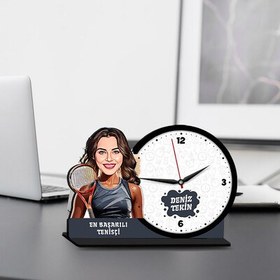 Resim Kadın Tenisçi Karikatürlü MDF Masa Saati 