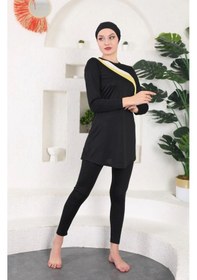 Resim Aslınur Gizil - Tesettür Mayo Likralı Tam Kapalı Sarı/beyaz Garnili Ma Siyah - Sarı 