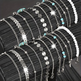 Resim 20 adet/10 adet Bohem Tarzı Okyanus Elemanı Kadınlar için Gümüş Gri Ayak Bilek Zinciri Seti Günlük Yaz Plaj Tatili Moda Takı 