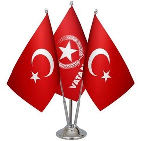 Resim Masa Üstü Vatan Partisi Bayrağı Türk Bayrağı Üçlü Krom Direk Masa 