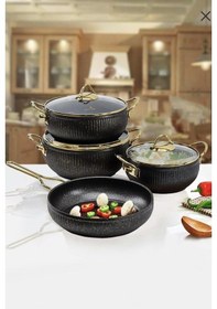 Resim Evita 7 Parça Granit Cam Kapaklı Küre Güveç Tencere Seti Siyah 