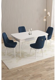 Resim Mazaka Serisi 80x132 Açılabilir Mdf Beyaz Masa Takımı 4 Antrasit Sandalye Lacivert 