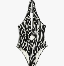 Resim Koton Halter Yaka Mayo Zebra Desenli Derin V Yaka Pencere Detaylı Siyah Çizgili 4sak20110mm Siyah 