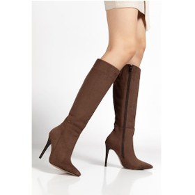 Resim Ls-226 Kahve Süet Fermuarlı Lastikli İnce Yüksek Topuklu Kadın Çizme Kahve 