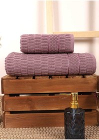Resim 2 Parça Banyo Havlu Takımı %100 Pamuklu Çubuk Desen Mor Renkli 