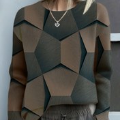 Resim Kadınlar İçin Şık 3D Tam Desenli Kazak - Yumuşak Yuvarlak Yaka Kışlık Sıcak Katmanlı Kazak Ceket, Tam Vücut Renk Bloklu Desen (Siyah/Beyaz/Lacivert/Kırmızı/Yeşil), Makinede Yıkanabilir Tüm Mevsimler İçin Gündelik ve Resmi Giyim Kazak 