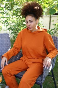 Resim Moda Kadın Pamuk Kapşonlu Cepli 3 İplik Kiremit Eşofman Takım Kiremit 