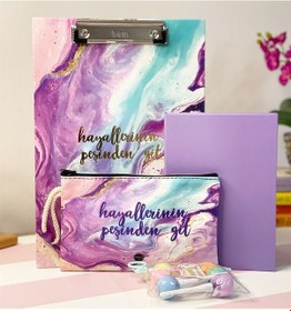 Resim Hayallerinin Peşinden Git Tasarımlı Sekreterlik Kalemlik Mor Renk Lastikli Defter Ve Lolipop Kalem 