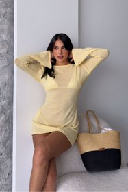 Resim Noi Belis Açık Sarı Mini Boy Ispanyol Kol Kayık Yaka Ince Yazlık Plaj Elbisesi Ss25el0033 
