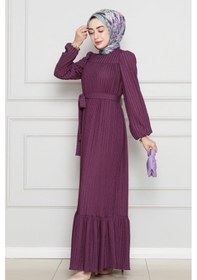 Resim Sevitli Robalı Sahra Tesettür Elbise-mürdüm-4592 Mürdüm 