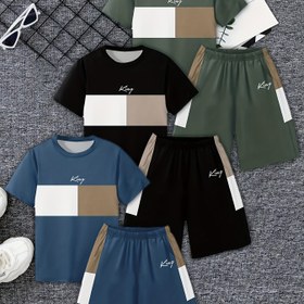 Resim 6 parça set, moda ve günlük renk kombinasyonları ile harf desenli erkek çocuk takım elbise, şık 3D baskılı kısa kollu tişört ve şortlu spor seti, gençler için açık hava spor kıyafeti 