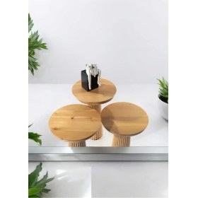 Resim Wood Wooden 3lü Set Fitilli Mantar Yan Sehpa Modern Ahşap Renk Fiskos 