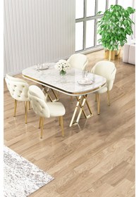 Resim Canisa Zae Serisi 90x168 Lak Panel Beyaz Mermer Desen Gold Ayak Masa Takımı 4 Krem Sandalye Masa Beyaz Mermer Desen Sandalye Krem 